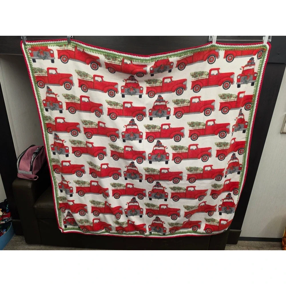 Christmas Red Truck Fleece Throw Blanket with Crocheted Border Farmhouse Holiday